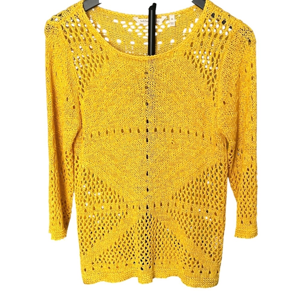 Soft Surroundings Open Knit Yellow Sweater Boho Crochet 3/4 Sleeve‎ XS Coastal
